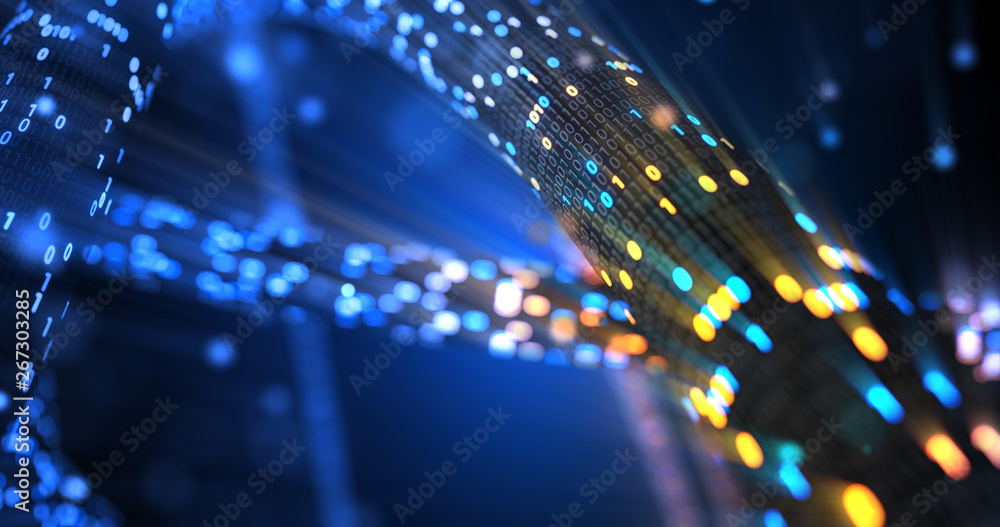 Poster abstract blue and orange digital binary code matrix background with flare. futuristic big data infor