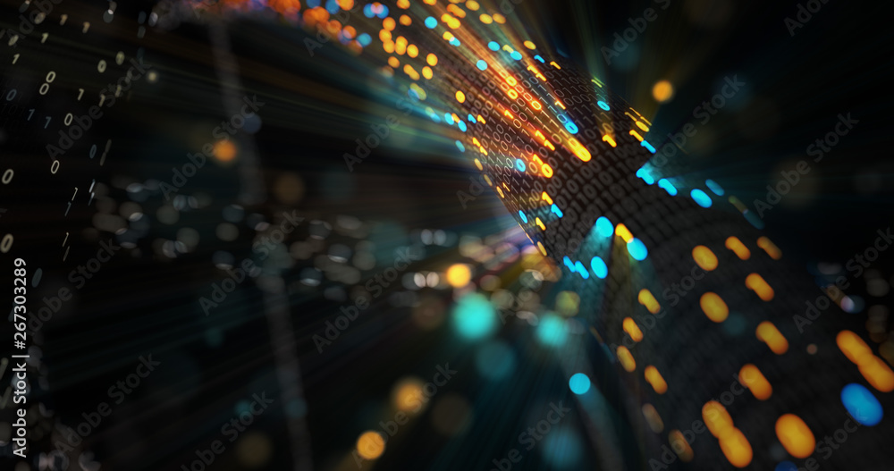 Poster abstract blue and orange digital binary code matrix background with flare. futuristic big data infor