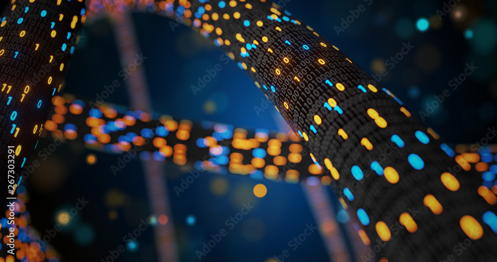 Poster abstract blue and orange digital binary code matrix background with flare. futuristic big data infor