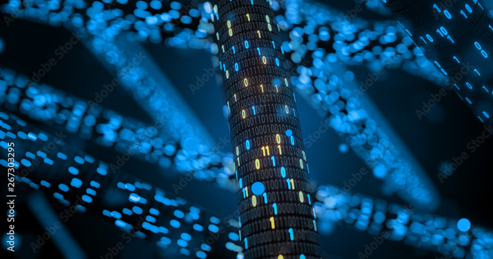 Poster abstract blue and orange digital binary code matrix background with flare. futuristic big data infor