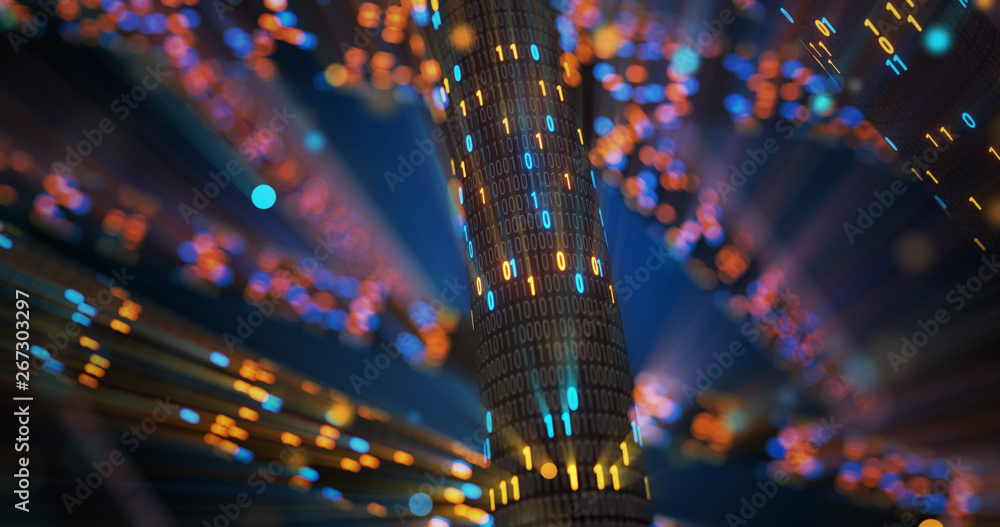 Poster abstract blue and orange digital binary code matrix background with flare. futuristic big data infor