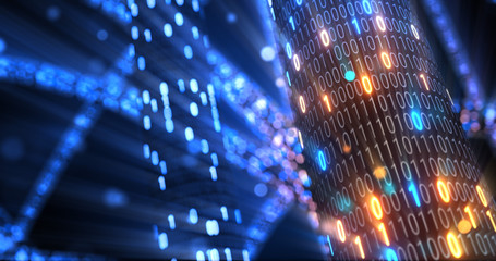 Abstract blue and orange digital binary code matrix background with flare. Futuristic Big data information technology, data center, block chain, server, internet, hi-speed. 3D rendering