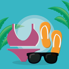 female swimsuit bikini with flip flops and sunglasses