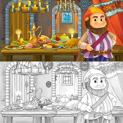 Cartoon fairy tale scene with dwarf prince by the table full of food with coloring page sketch - illustration for children