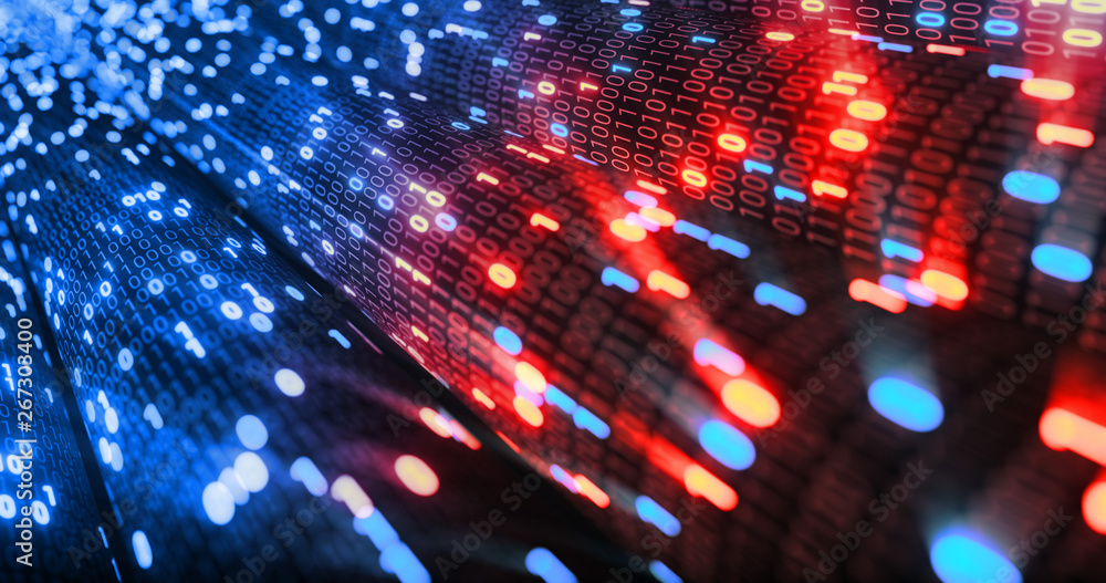 Poster Hacking red and blue digital binary code matrix 01 background. Hacker, dark web, matrix, Digital data code in safety security technology concept. 3D rendering