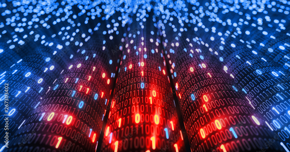 Poster Hacking red and blue digital binary code matrix 01 background. Hacker, dark web, matrix, Digital data code in safety security technology concept. 3D rendering