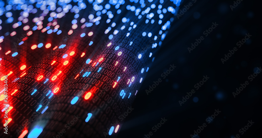 Poster Hacking red and blue digital binary code matrix 01 background. Hacker, dark web, matrix, Digital data code in safety security technology concept. 3D rendering