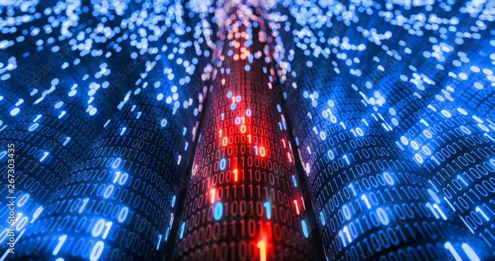 Poster Hacking red and blue digital binary code matrix 01 background. Hacker, dark web, matrix, Digital data code in safety security technology concept. 3D rendering