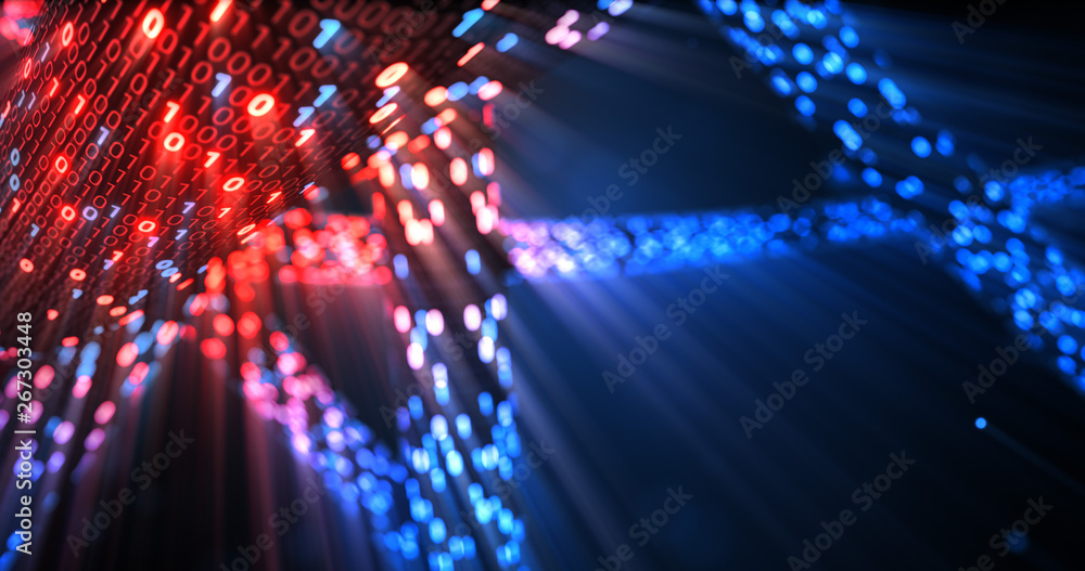 Poster Hacking red and blue digital binary code matrix 01 background. Hacker, dark web, matrix, Digital data code in safety security technology concept. 3D rendering