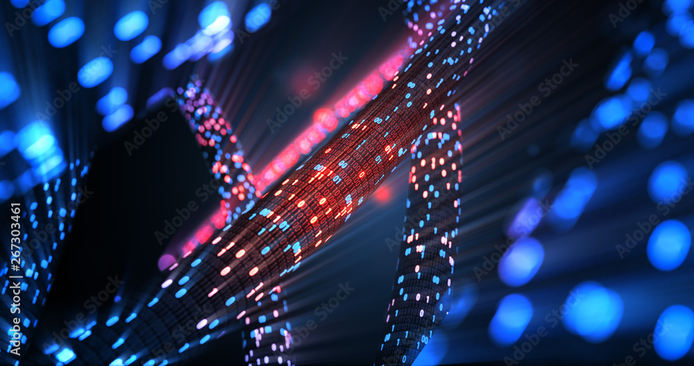 Poster Hacking red and blue digital binary code matrix 01 background. Hacker, dark web, matrix, Digital data code in safety security technology concept. 3D rendering