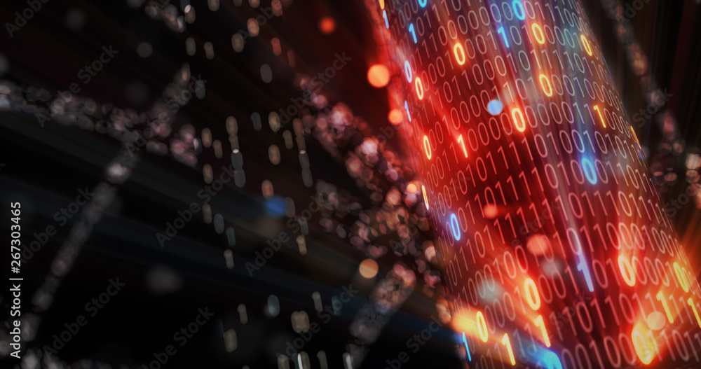Poster Hacking red and blue digital binary code matrix 01 background. Hacker, dark web, matrix, Digital data code in safety security technology concept. 3D rendering