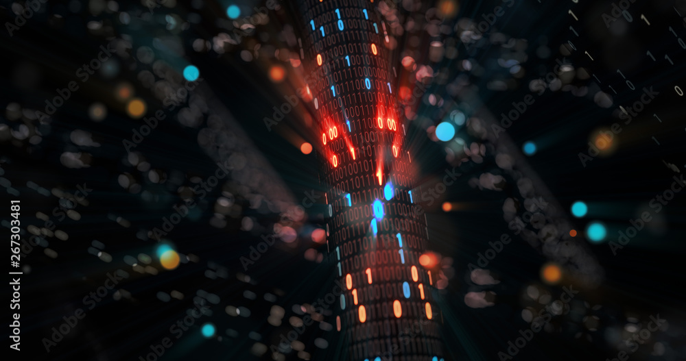 Poster Hacking red and blue digital binary code matrix 01 background. Hacker, dark web, matrix, Digital data code in safety security technology concept. 3D rendering