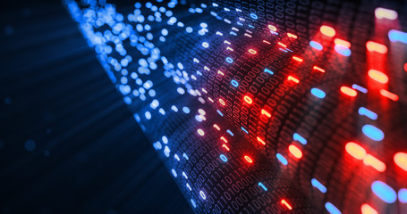 Hacking red and blue digital binary code matrix 01 background. Hacker, dark web, matrix, Digital data code in safety security technology concept. 3D rendering