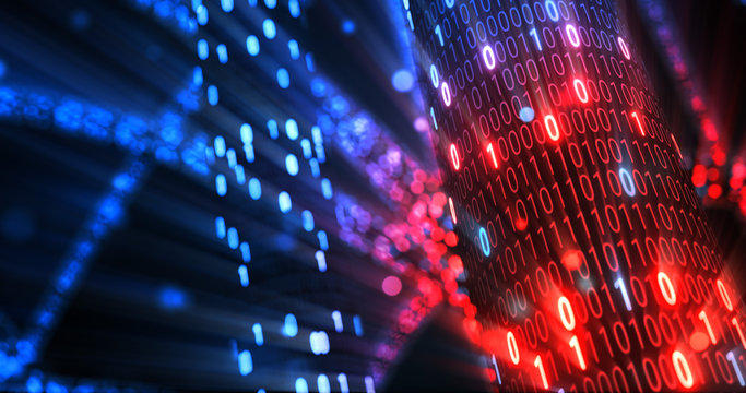 Hacking red and blue digital binary code matrix 01 background. Hacker, dark web, matrix, Digital data code in safety security technology concept. 3D rendering