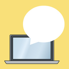 Round Shape Empty Speech Bubble Floating Over Open Laptop Colored Backdrop Business Empty template for Layout for invitation greeting card promotion poster voucher