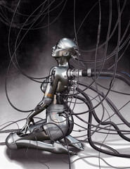 3D chrome cyborg model with cables - obrazy, fototapety, plakaty