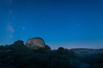 Night landscape in the natural park of Barruecos. Extremadura. Spain.