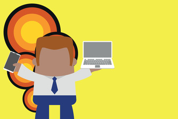 Standing professional man tie holding left open laptop right mobile phone Design business Empty copy space text for Ad website promotion isolated Banner template