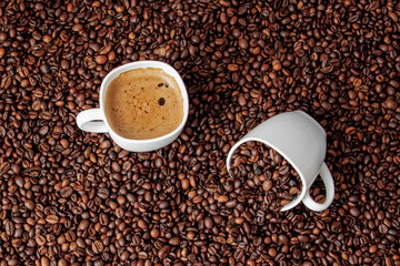 Coffee cup on wooden table. View from top