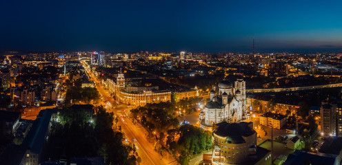 Night summer Voronezh cityscape. Tower of management of south-east railway and Annunciation Cathedral
