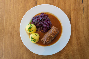 Rinderroulade, Beef roll or roulades, traditional german meal, thin meat wrap bacon, onion and...
