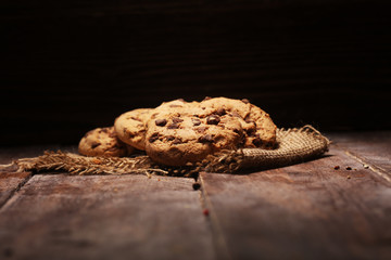 Chocolate cookies on wooden table. Chocolate chip cookies shot very delicious