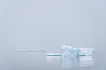Sculptural iceberg shrouded in fog and floating in the waters of Antarctica