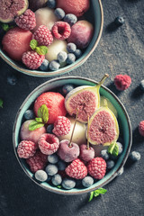 Cold ice cream sorbet with mix of summer fruits
