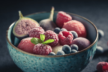 Sweet ice cream sorbet with berries and watermelon
