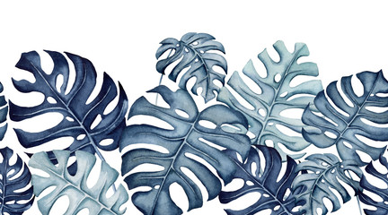 Horizontal Seamless Border of Watercolor Monstera Leaves © Nebula Cordata