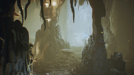Ancient huge fantasy cave filled with ancient mushrooms and magical fog with dust. 3D Rendering © designprojects