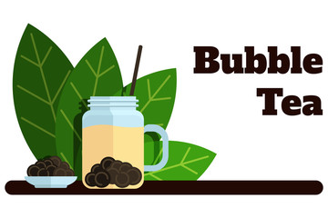 Bubble tea banner with tea leaves Vector flat labels