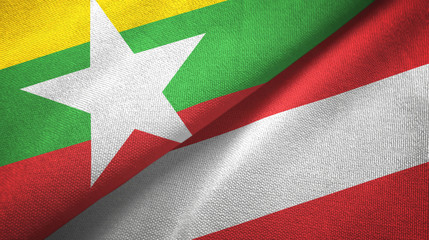 Myanmar and Austria two flags textile cloth, fabric texture 