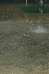 Heavy raining. Raindrops at outdoors. Spring rain. Autumn rain season.