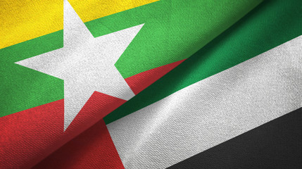 Myanmar and United Arab Emirates two flags textile cloth, fabric texture