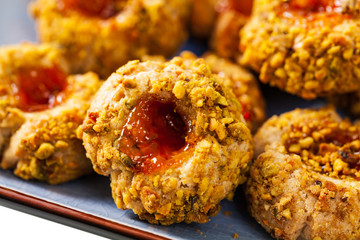 Italian Pistachio Cookies with Jam Or Jelly Centers. Selective focus.