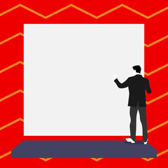 Obraz premium Short hair immature young man stand in front of rectangle big blank board Copy Space design Empty template text for Ad, promotion, poster, flyer, web banner, article