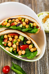 Veggie Pitas with Garbanzo Bean or Chickpea Salad. Selective focus.