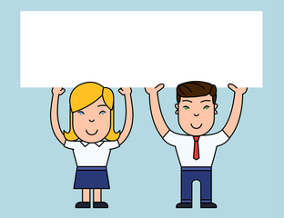 Two Smiling People Holding Big Blank Poster Board Overhead with Both Hands Design business concept. Business ad for website and promotion banners. empty social media ad