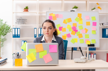 Young female employee in conflicting priorities concept 