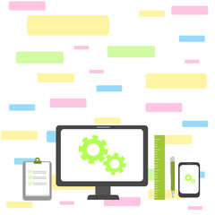 Business Concept PC Monitor Mobile Device Clipboard Ruler Ballpoint Pen Design business concept Empty copy text for Web banners promotional material mock up template