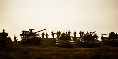 War Concept. Military silhouettes fighting scene on war fog sky background, World War Soldiers...