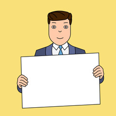 Smiling Man Holding Formal Suit Big Blank Poster Board in Front of Himself Design business concept. Business ad for website and promotion banners. empty social media ad