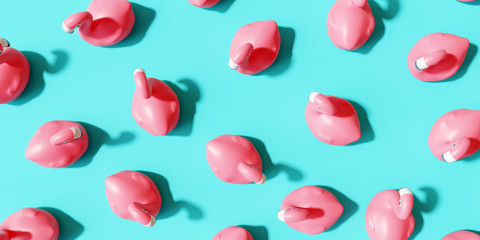 Flamingo rubber pattern on pastel blue background. Summer concept. 3d rendering