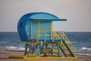 Fototapeta na wymiar Blue wooden Art Deco Lifeguard post, Miami