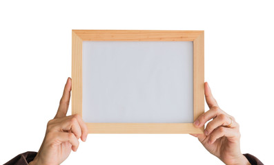 Blank wooden photo Frame in the woman's hand isolated on white background .Blank space for text and images of file with Clipping Path .