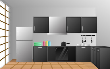 kitchen equipment and refrigerator in the kitchen room