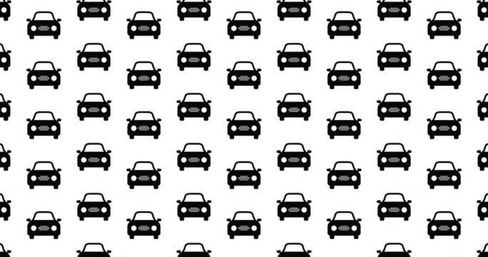 Simple cars background video clip auto themed motion backdrop video in a seamless repeating loop. Black & white car icon transportation automobile pattern background high definition motion video