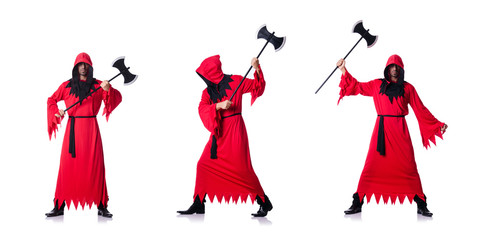 Fototapeta na wymiar Executioner in red costume with axe on white