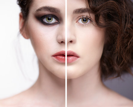 Collage of two photos. Closeup macro portrait of female face with nude makeup and violet - black smoky eyes beauty make-up
